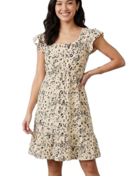 Umgee Dresses & Skirts - Umgee Dress Cream Leopard-Print Flutter-Cap Sleeve Dress Cream Size L